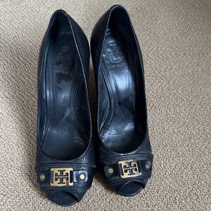 Tory Burch Black Peep Toe Heels with Gold Accent